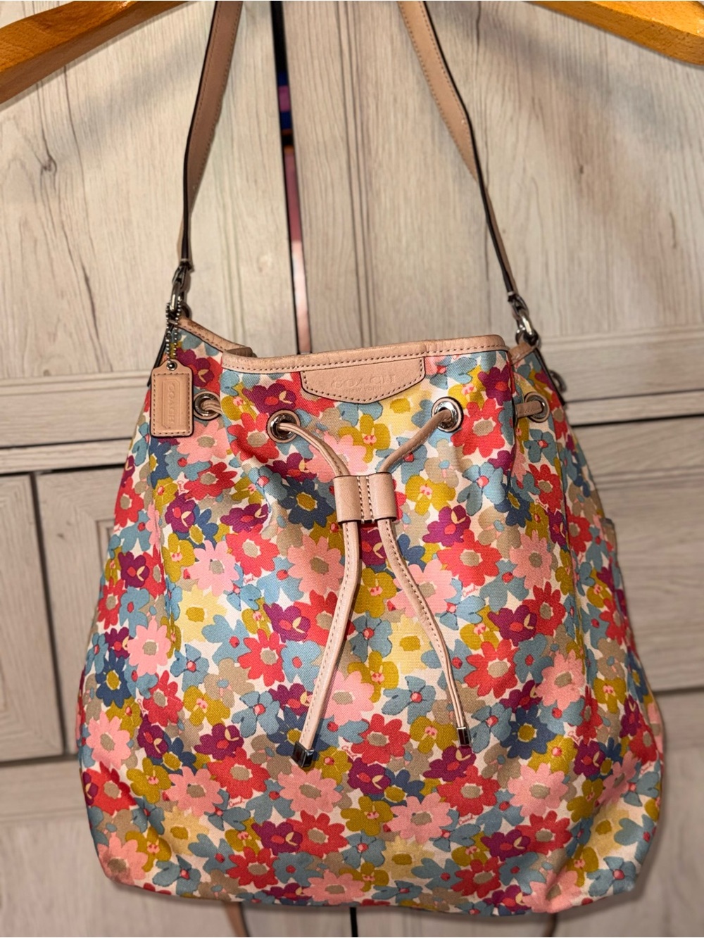 Coach Multicolor Floral Drawstring Hobo Bag in Pink & Blue